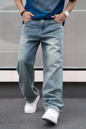 Men'S Casual Straight Wash Jeans - Light Blue, Loose Fit, Oblique Pocket, Comfortable Blend, Suitable For Casual Wear