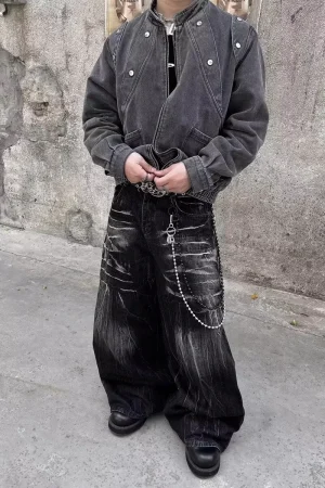 American High Street Vibe Style Men's Pants with Unique Design, Niche Zipper Jeans, Straight-Leg Slightly Flared Long Pants