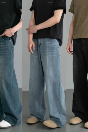 Spring Autumn Men's New Denim Pants Old Blue Washed Casual Jeans Menwear Loose New Fashion contrasting color Wide Leg Trousers