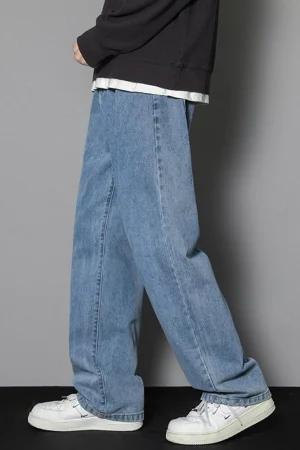 2026 New Korean Men's Casual Long Jeans Classic Man Straight Denim Wide-leg Pants Solid Color Light Blue Grey Black